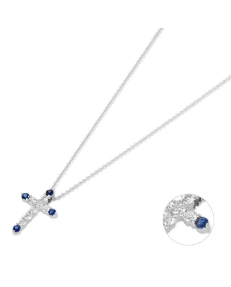 Collana con Croce Ponte Vecchio Benvenuto in Oro Bianco con Diamanti e Zaffiri