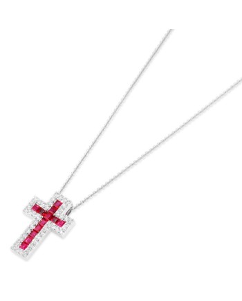 Collier Croix Benvenuto Ponte Vecchio en or blanc avec diamants et rubis