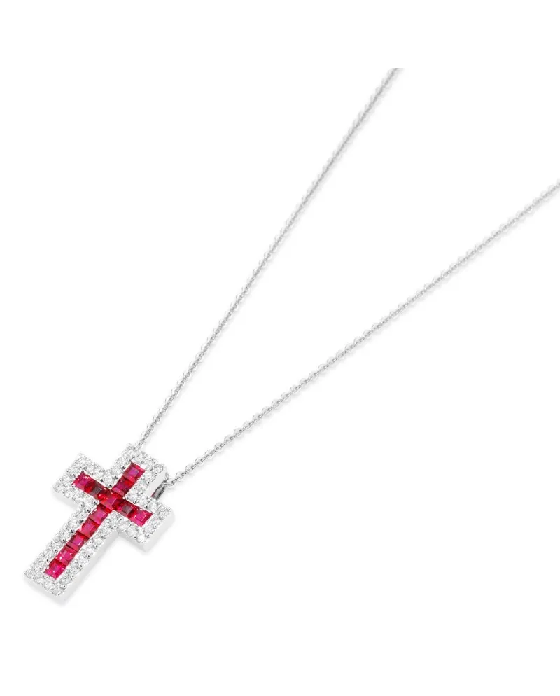 Collier Croix Benvenuto Ponte Vecchio en or blanc avec diamants et rubis