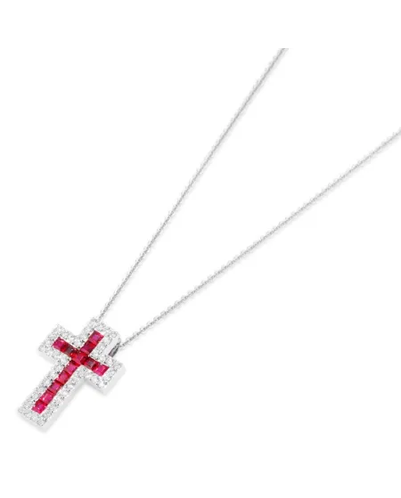 Collana con Croce Ponte Vecchio Benvenuto in Oro Bianco con Diamanti e Rubini