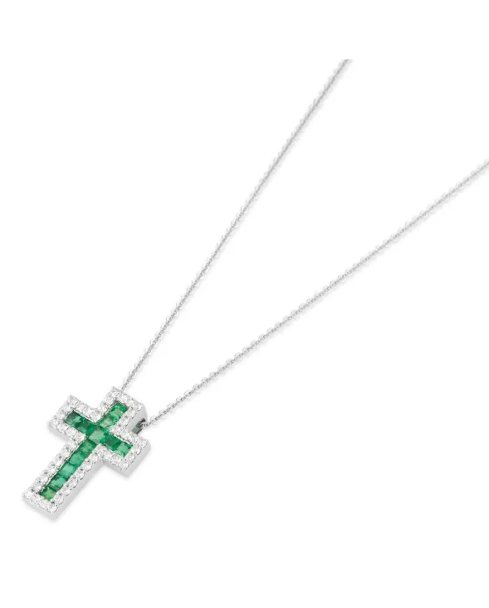 Collana con Croce Ponte Vecchio Benvenuto in Oro Bianco con Diamanti e Smeraldi