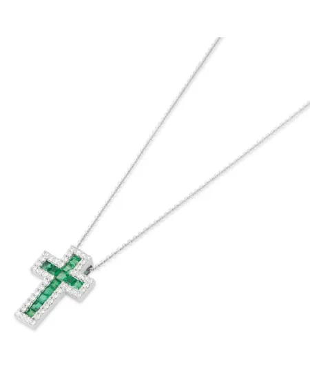 Collier Croix Ponte Vecchio Benvenuto en or blanc avec diamants et émeraudes