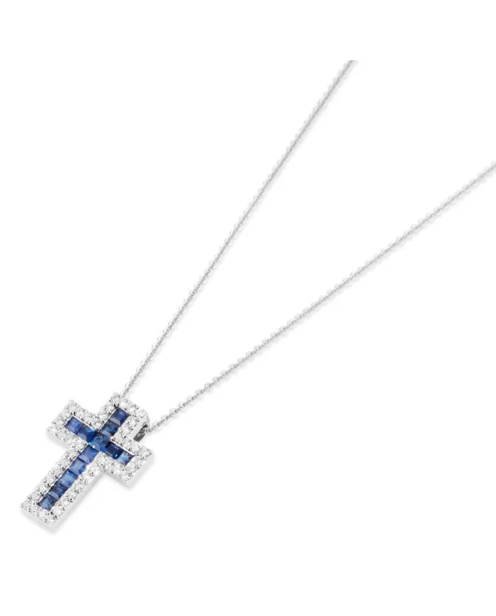 Collana con Croce Ponte Vecchio Benvenuto in Oro Bianco con Diamanti e Zaffiri