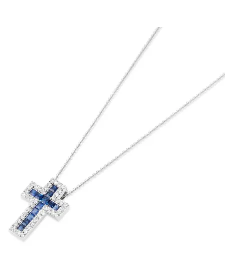 Collier Croix Ponte Vecchio Benvenuto en or blanc avec diamants et saphirs