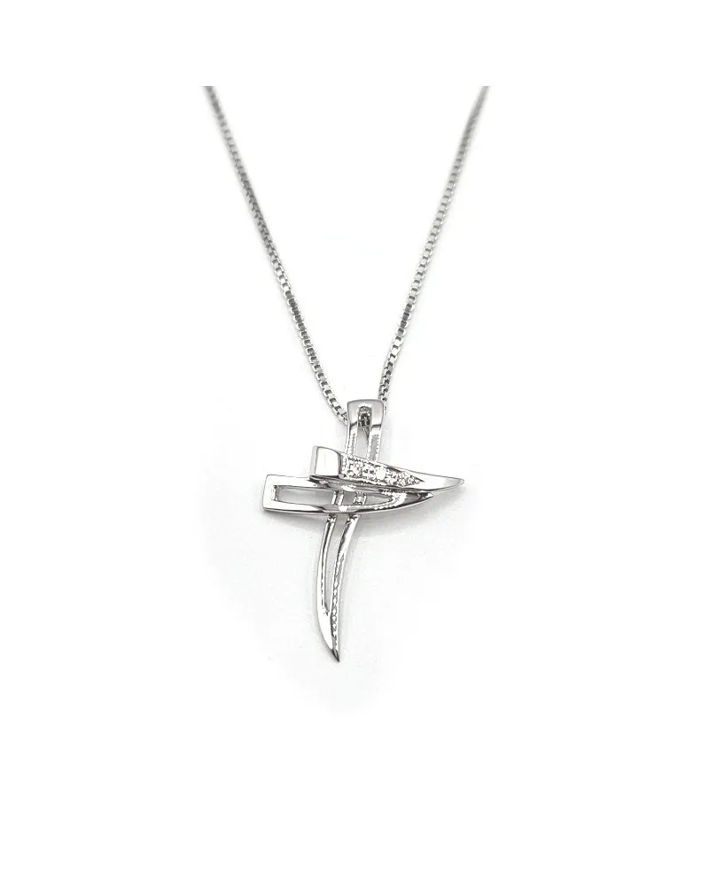 Collana Casella Gioielli in Oro Bianco e Croce con Diamanti