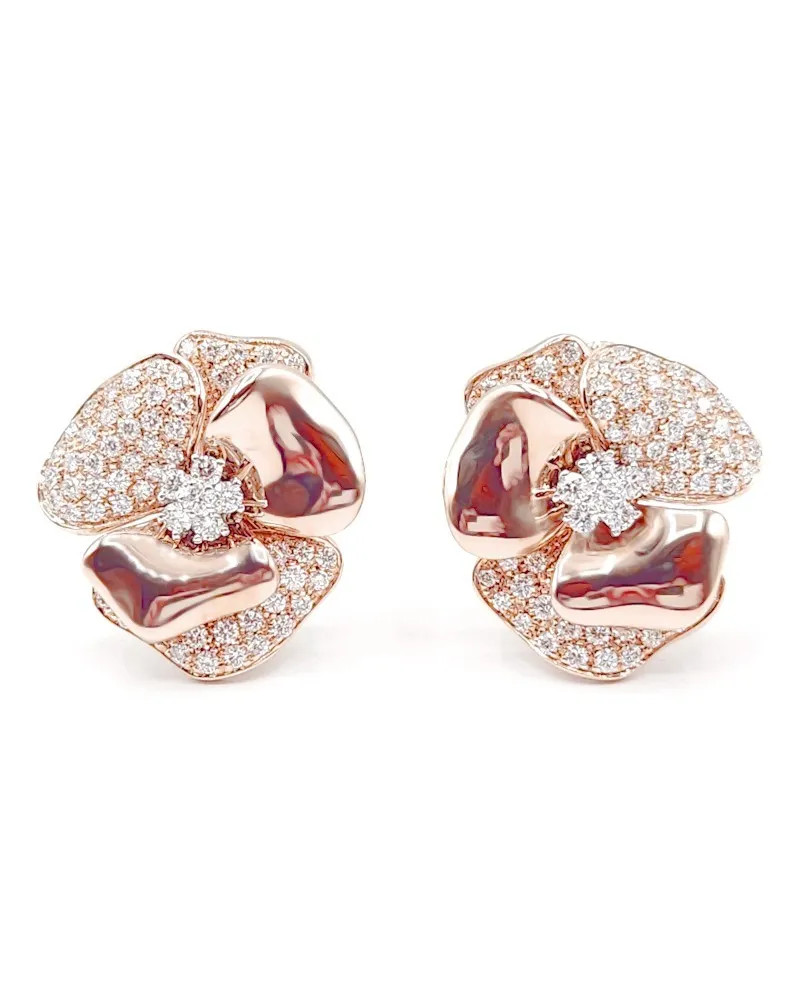 Orecchini Leo Pizzo in Oro Rosa con Fiore e Pavé Diamanti Bianchi