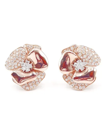 Orecchini Leo Pizzo in Oro Rosa con Fiore e Pavé Diamanti Bianchi
