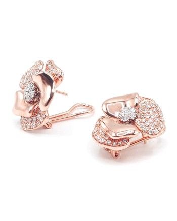Orecchini Leo Pizzo in Oro Rosa con Fiore e Pavé Diamanti Bianchi