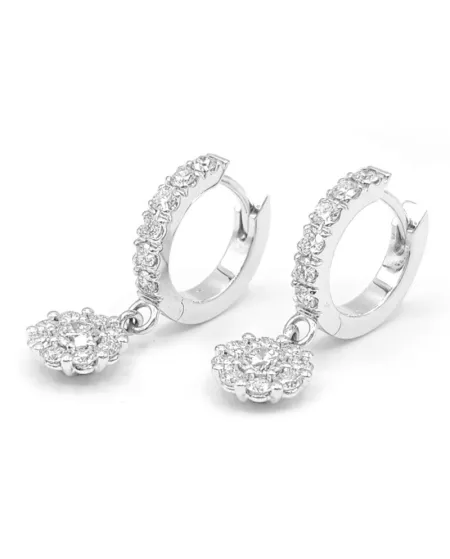 Orecchini Cerchio Leo Pizzo in Oro Bianco con Pavé Diamanti Bianchi Pendente