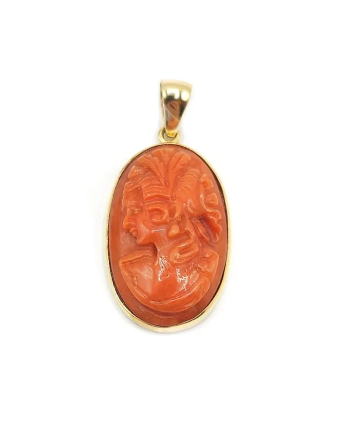 Casella Jewelry Cameo in Red Coral with Yellow Gold Setting