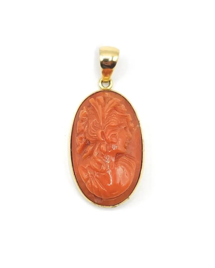 Casella Jewelry Cameo in Red Coral with Yellow Gold Setting