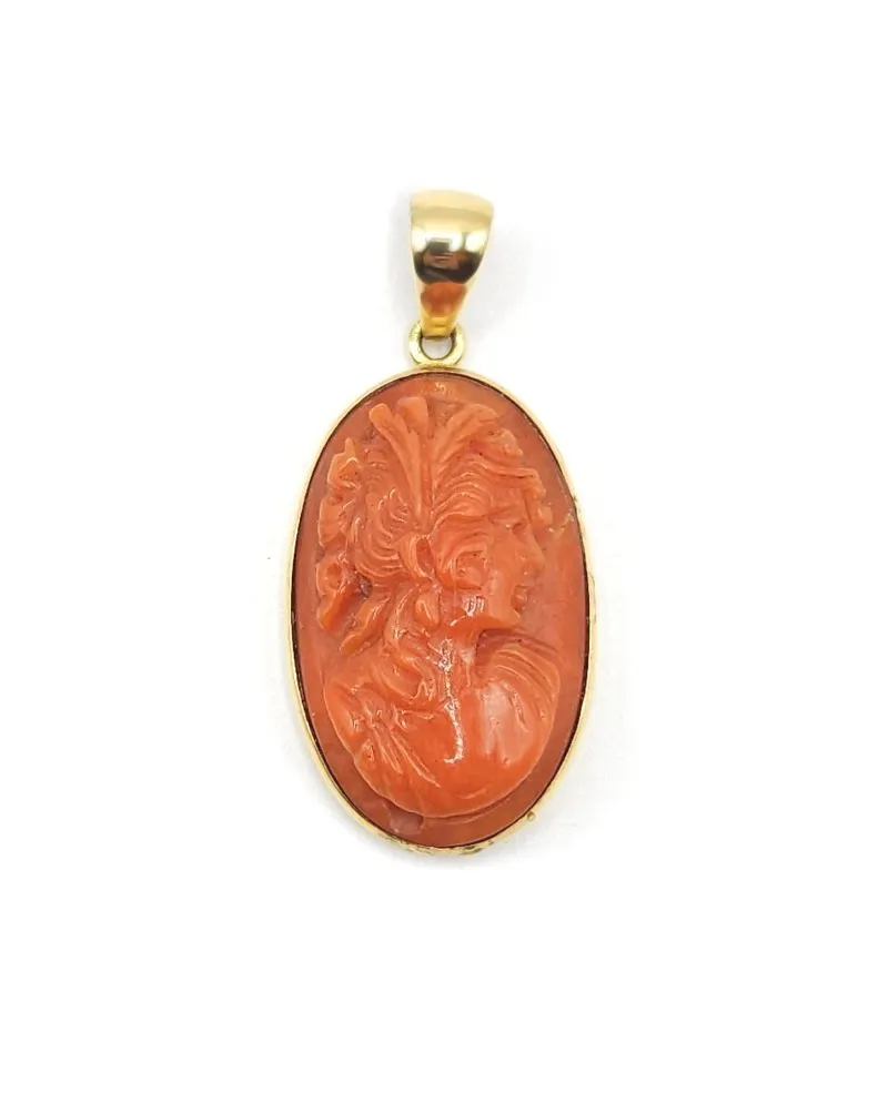 Casella Jewelry Cameo in Red Coral with Yellow Gold Setting