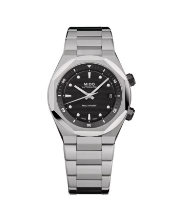 Montre Mido Multifort 8 Two Crowns noire avec bracelet en acier