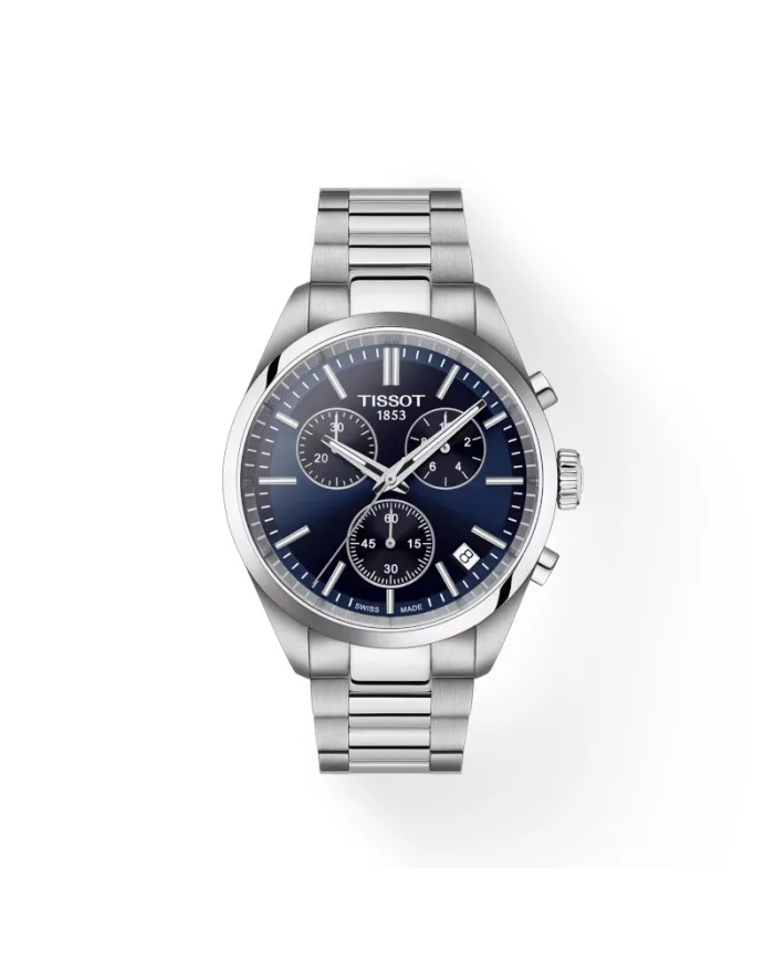 Montre chronographe Tissot PR 100 avec cadran bleu et bracelet en acier
