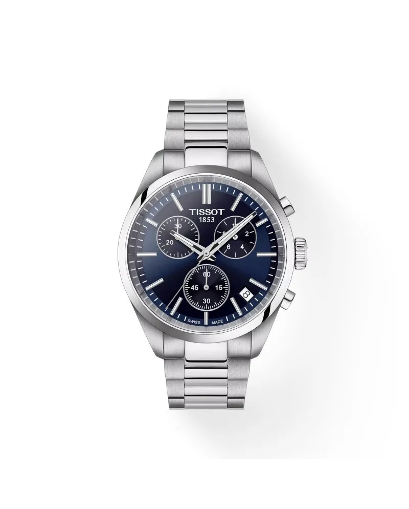 Tissot PR 100 Chronograph Watch with Blue Dial and Steel Bracelet