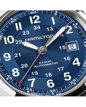 Montre Hamilton Khaki Field Auto 42 mm avec cadran bleu et bracelet en cuir