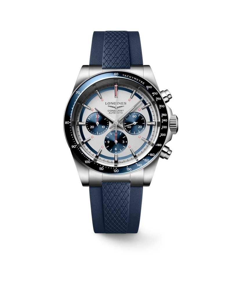 Longines Conquest Chronograph with Silver Dial and Rubber Strap