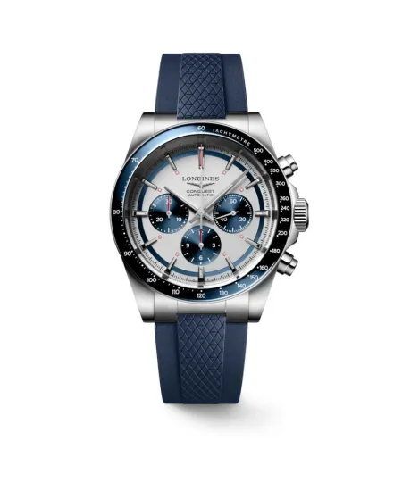 Cronografo Longines Conquest con Quadrante Argento e Cinturino in Caucciù