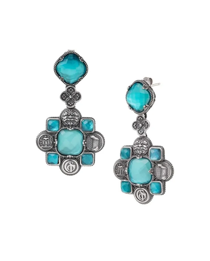 Gerardo Sacco Pendant Earrings with Magna Graecia Symbols and Stones