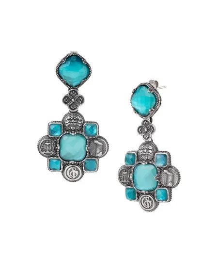 Boucles d'oreilles pendantes Gerardo Sacco avec symboles et pierres de la Grande Grèce