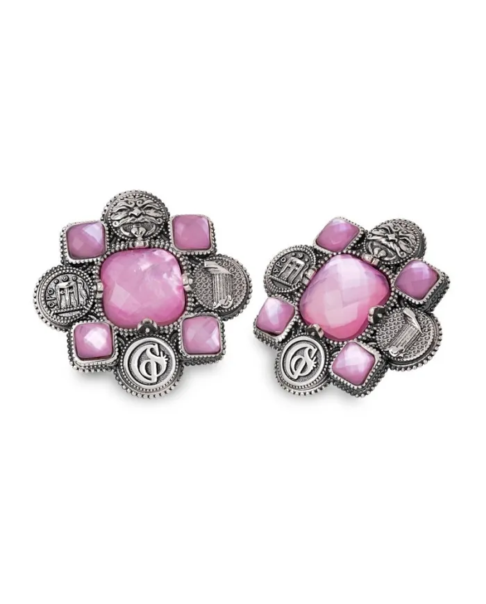 Gerardo Sacco Stud Earrings with Magna Graecia Symbols and Pink Stones