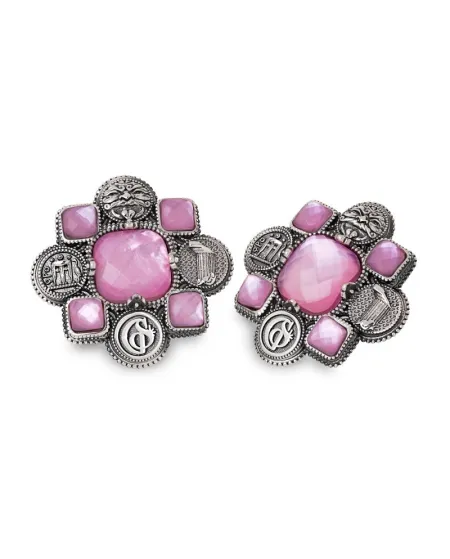 Boucles d'oreilles à clous Gerardo Sacco avec symboles de la Grande Grèce et pierres roses