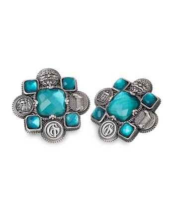 Gerardo Sacco Stud Earrings with Magna Graecia Symbols and Green Stones