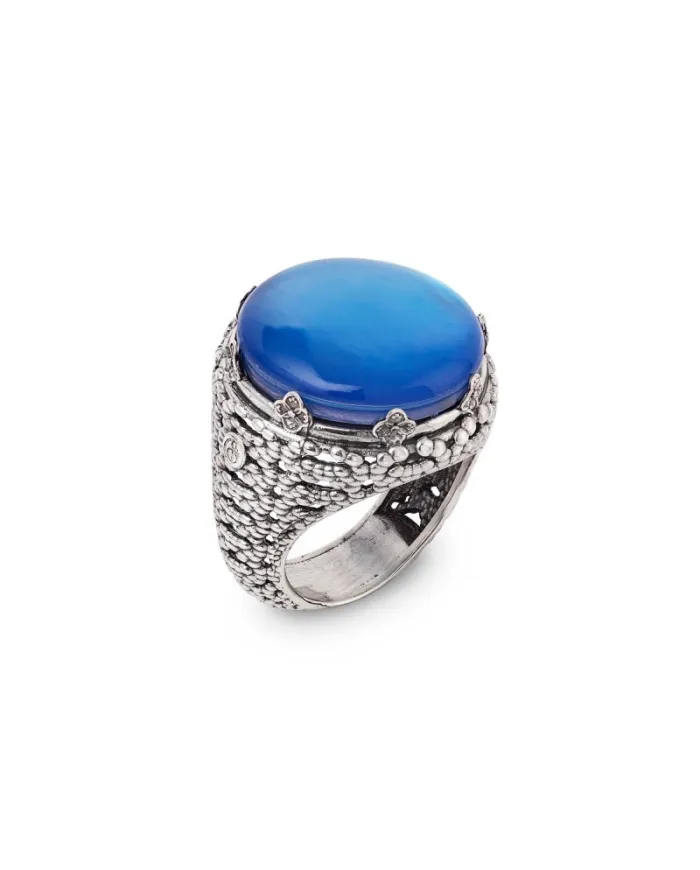 Gerardo Sacco Silver Ring with Closed Water Lily and Blue Stone
