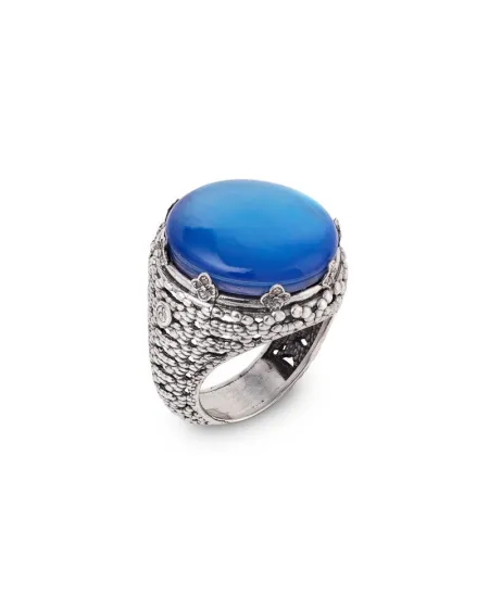 Bague en argent Gerardo Sacco avec nénuphar fermé et pierre bleue