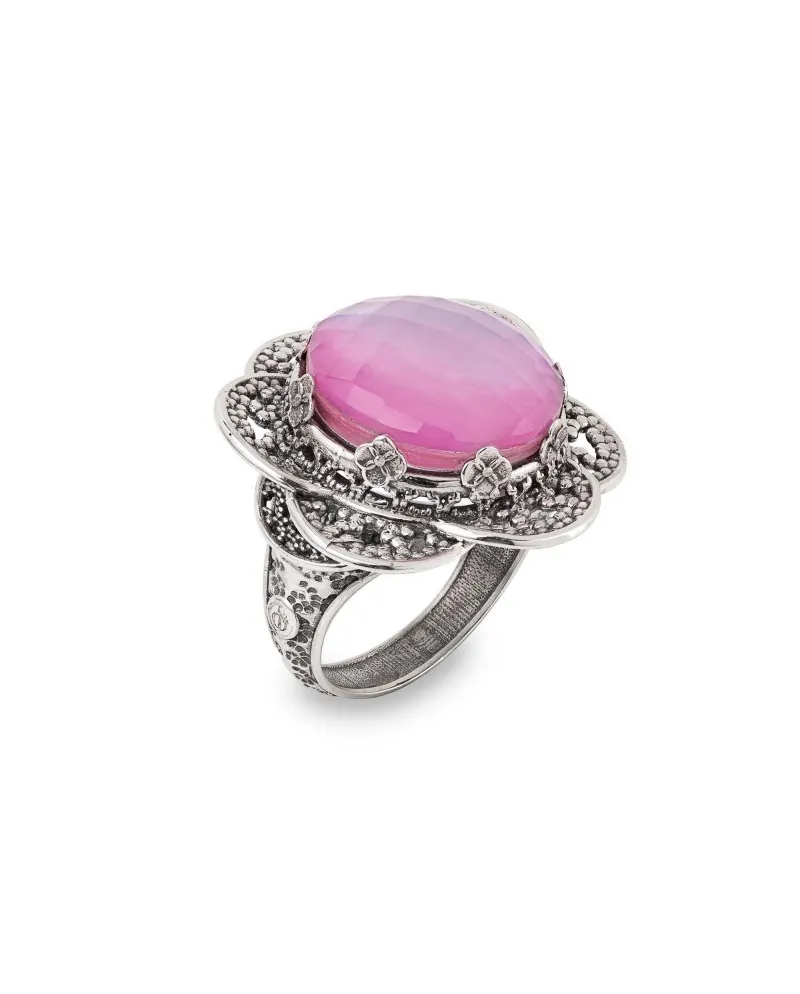 Bague en argent avec nénuphar ouvert et pierre rose de Gerardo Sacco