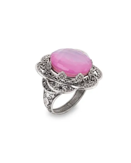 Bague en argent avec nénuphar ouvert et pierre rose de Gerardo Sacco