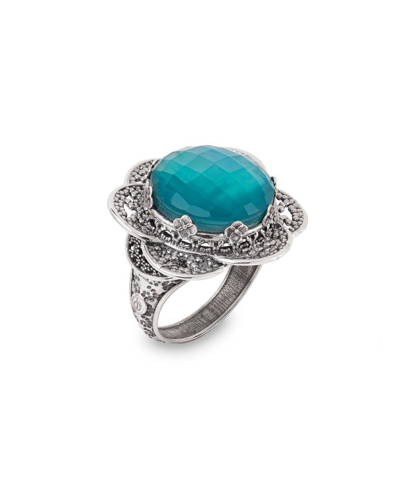 Gerardo Sacco Open Water Lily Silver Ring with Green Stone