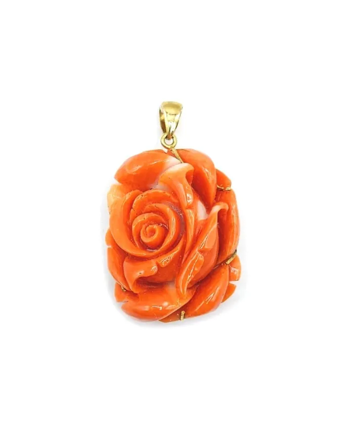 Pendentif Camée Rose Casella Gioielli en Corail Rouge avec Monture en Or Jaune