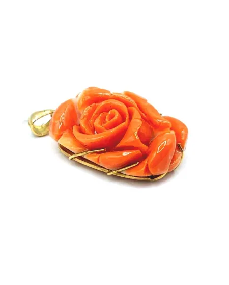 Pendentif Camée Rose Casella Gioielli en Corail Rouge avec Monture en Or Jaune