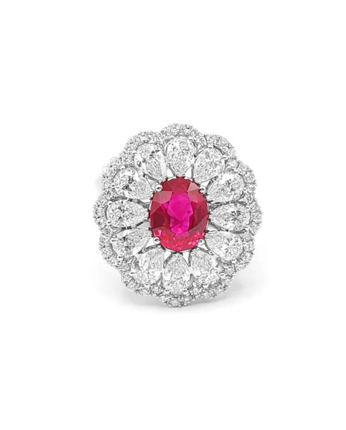 Bague Crivelli en or blanc avec diamants en forme de goutte et rubis ovale