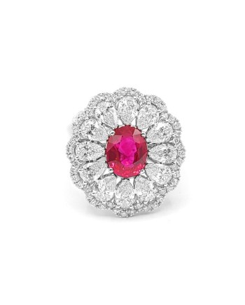 Crivelli White Gold Ring with Drop-Shaped Diamonds and Oval Ruby