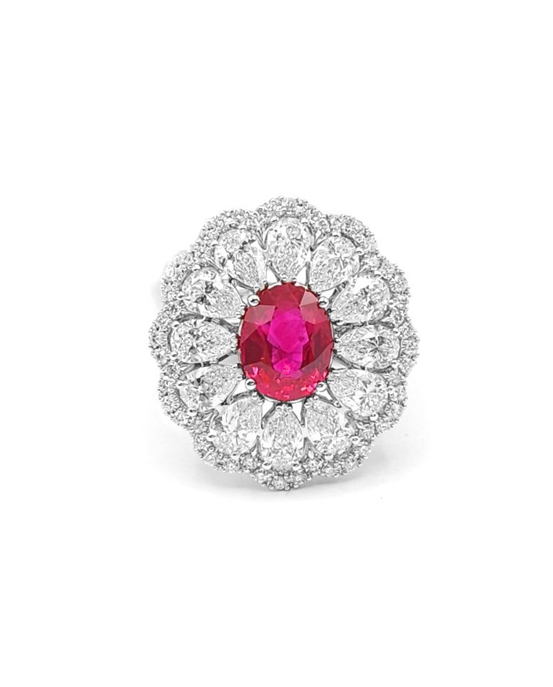 Crivelli White Gold Ring with Drop-Shaped Diamonds and Oval Ruby