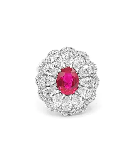 Anello Crivelli in Oro Bianco con Diamanti a Goccia e Rubino Ovale