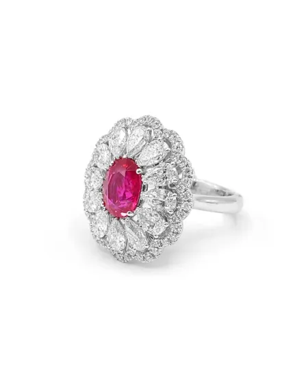 Crivelli White Gold Ring with Drop-Shaped Diamonds and Oval Ruby