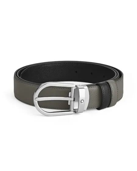 Cintura Montblanc in Pelle Reversibile Grigio Medio/Nero con Fibbia a Ferro di Cavallo 30 mm