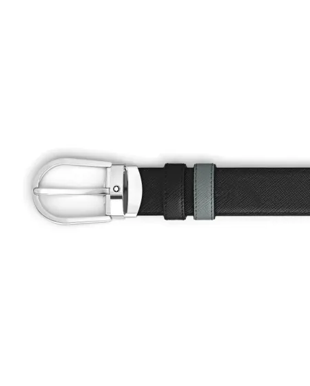 Cintura Montblanc in Pelle Reversibile Grigio Medio/Nero con Fibbia a Ferro di Cavallo 30 mm