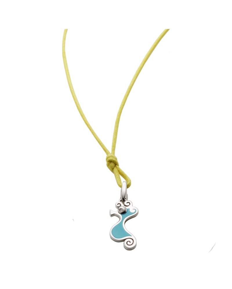 Chantecler necklace with small seahorse pendant in silver, blue enamel and diamonds