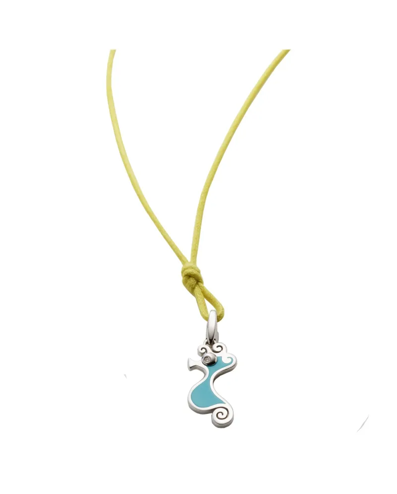Collier Chantecler avec petit pendentif hippocampe en argent, émail bleu et diamants