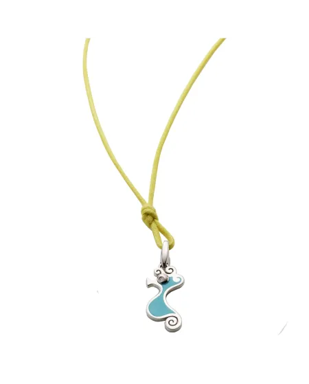 Collier Chantecler avec petit pendentif hippocampe en argent, émail bleu et diamants