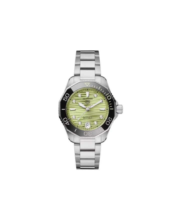 Orologio Tag Heuer Aquaracer Professional 300 Verde 36 mm con Diamanti e Cinturino in Acciaio