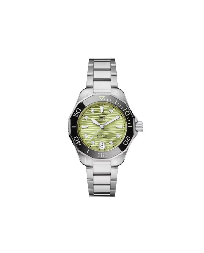 Montre Tag Heuer Aquaracer Professional 300 verte 36 mm avec diamants et bracelet en acier