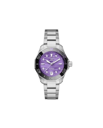 Montre Tag Heuer Aquaracer Professional 300 violette 36 mm avec diamants et bracelet en acier