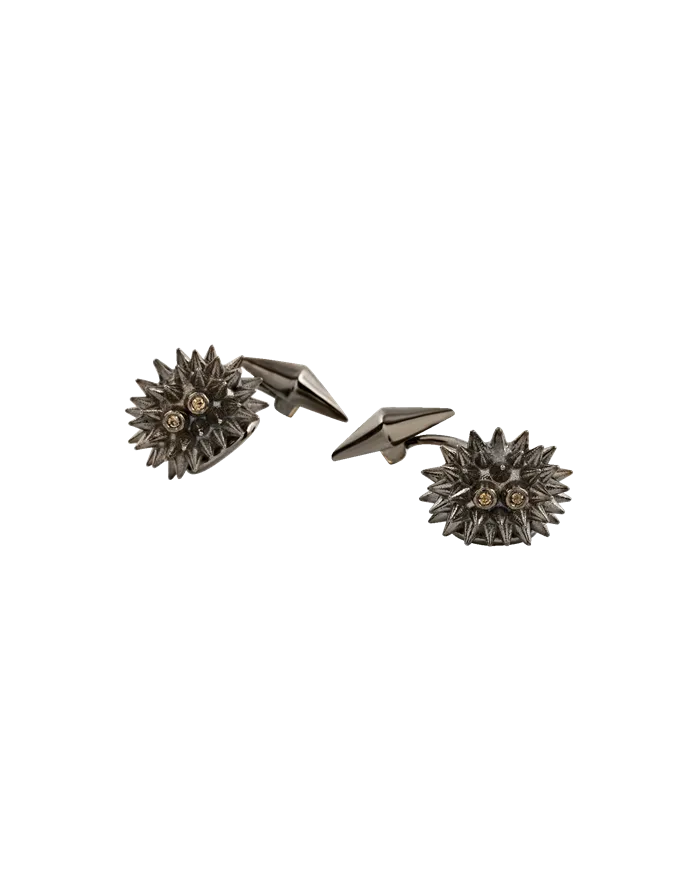 Chantecler Et Voilà Hedgehog Cufflinks in Burnished Silver with Brown Diamonds