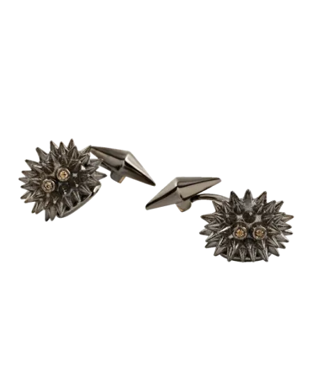 Chantecler Et Voilà Hedgehog Cufflinks in Burnished Silver with Brown Diamonds
