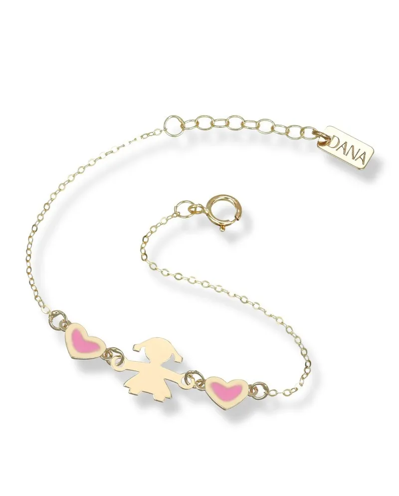 Bracelet Dana Baby en or jaune avec bébé fille et cœurs émaillés